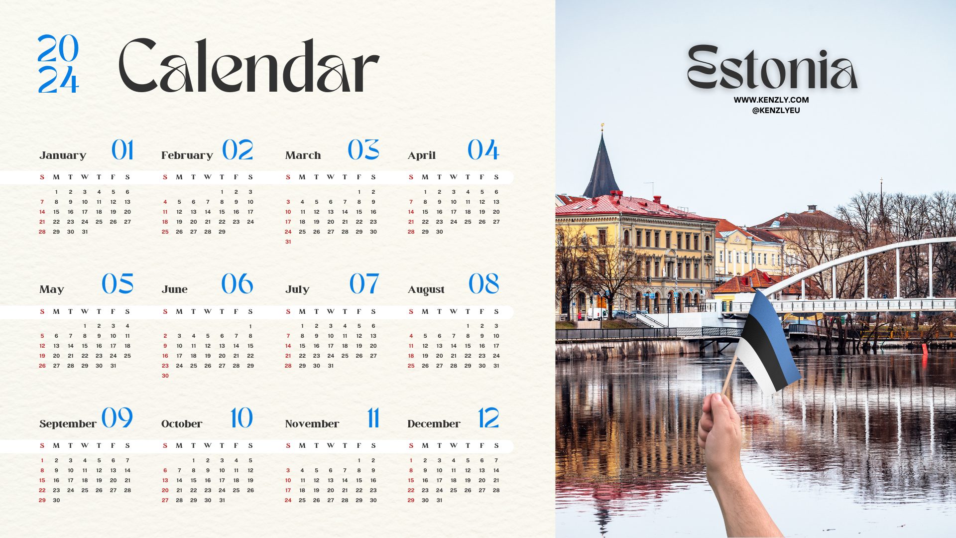 Printable Calendar for Estonia in 2024